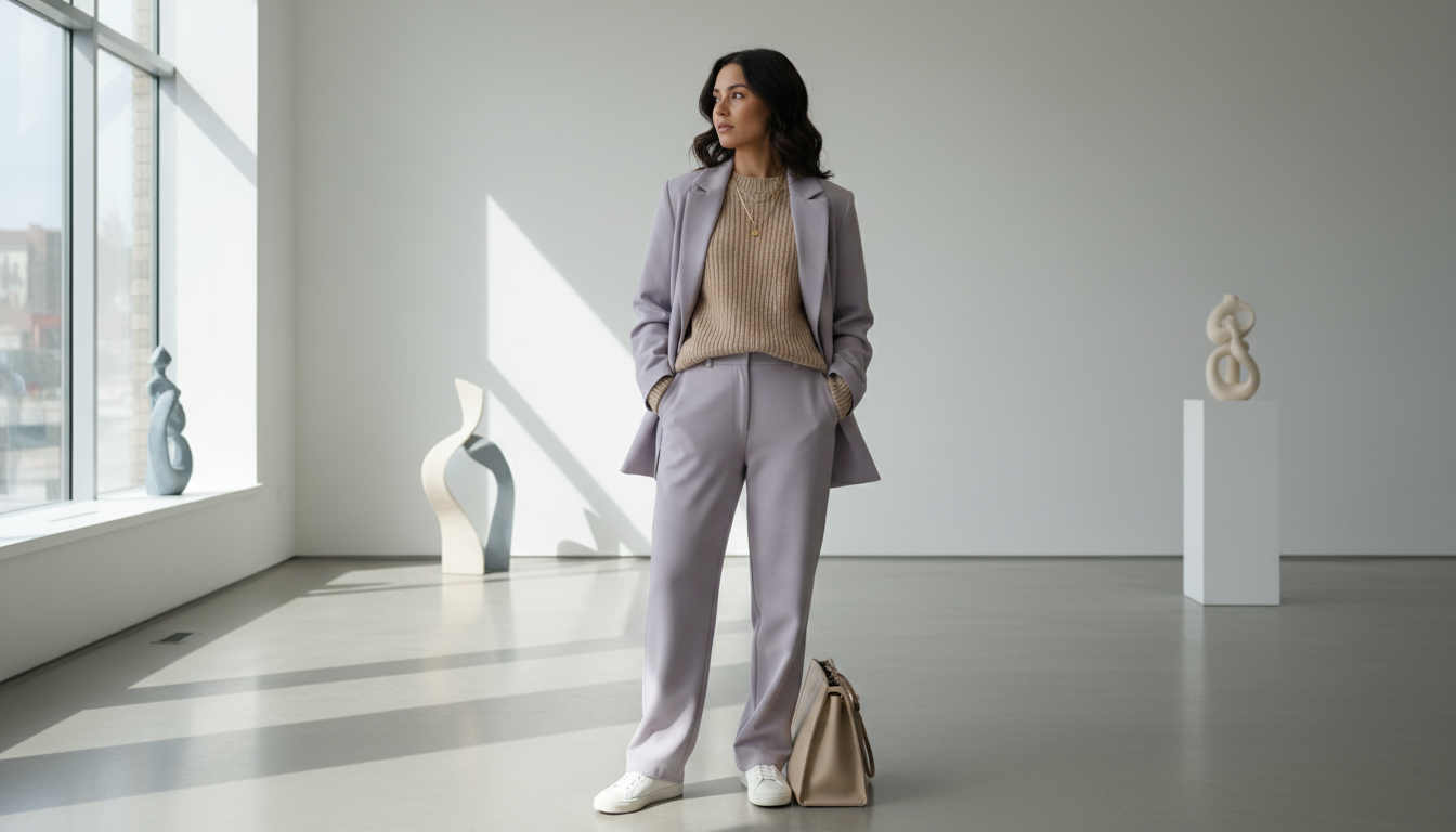 Девушка в брючном костюме Digital Lavender, стилизованном под оверсайз, в сочетании с бежевым свитером.