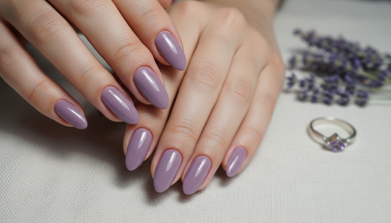 Маникюр в стиле Digital Lavender с глянцевым покрытием.