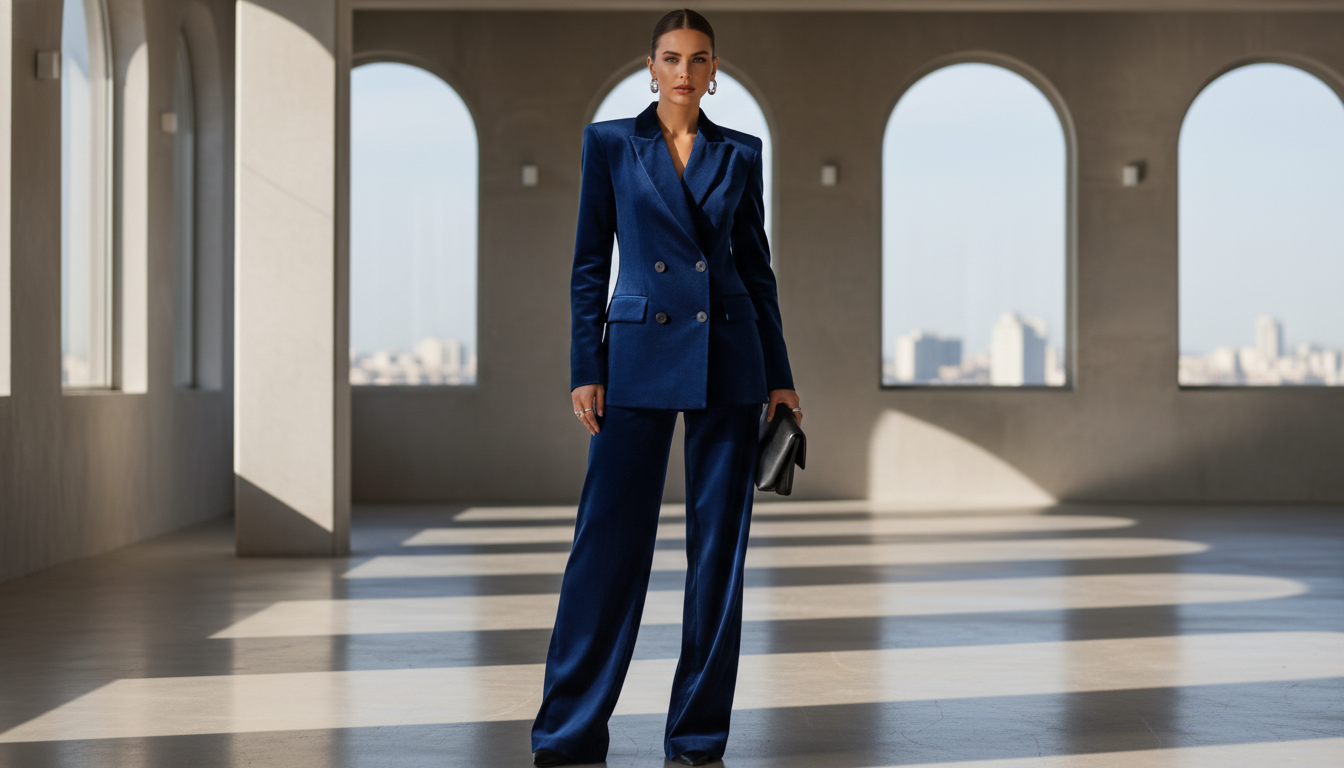 Бархатный брючный костюм глубокого синего цвета с широкими плечами