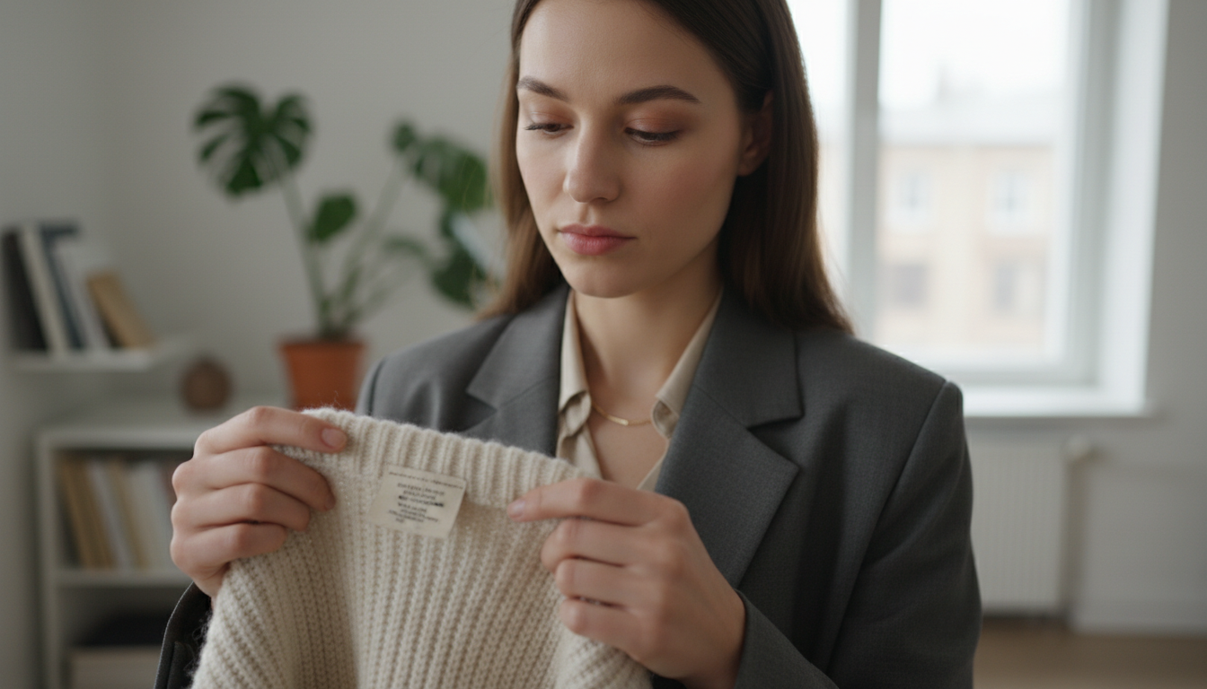 Девушка, рассматривающая бирку с составом ткани на свитере.