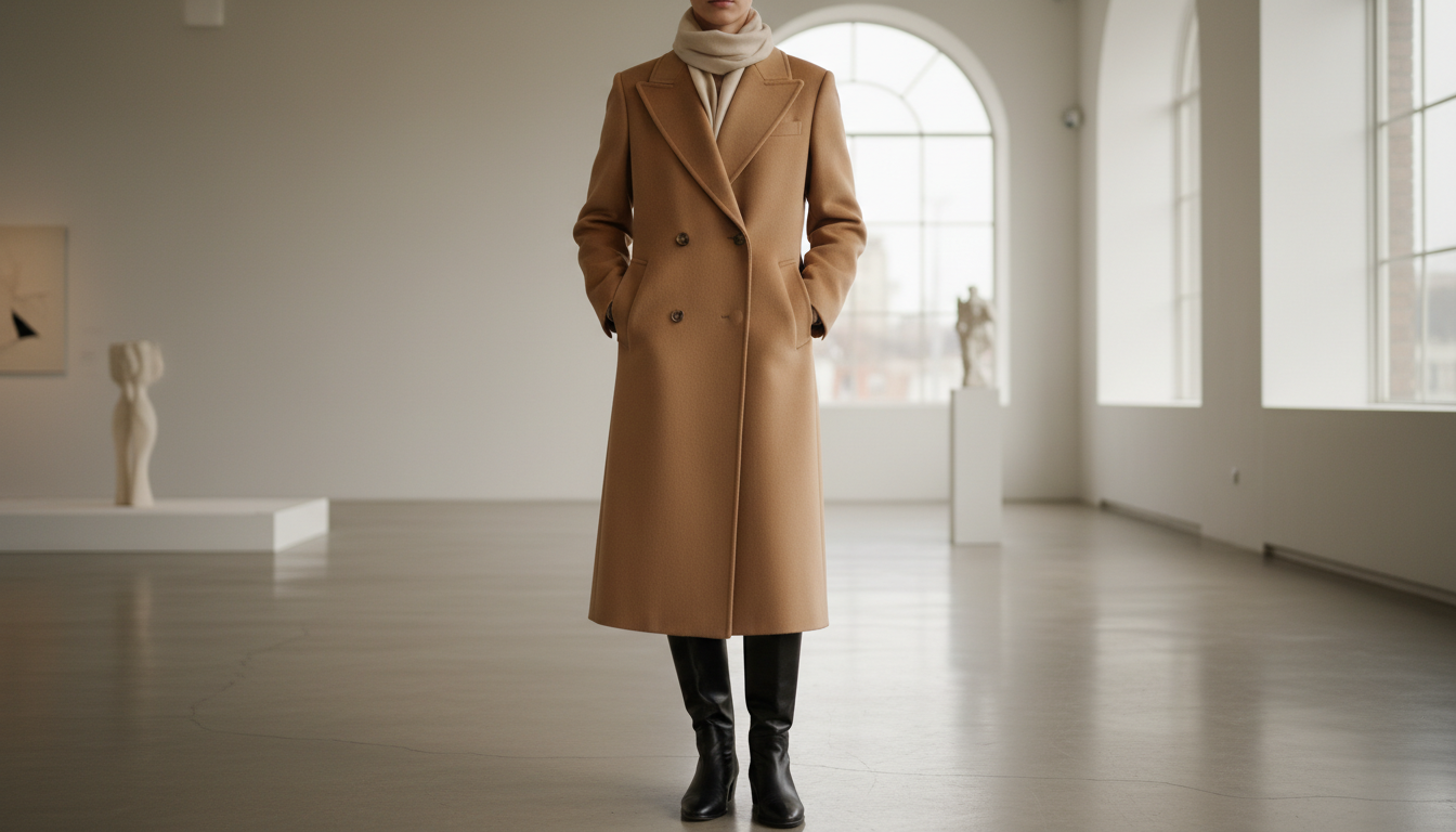 Элегантное двубортное шерстяное пальто цвета кэмел.