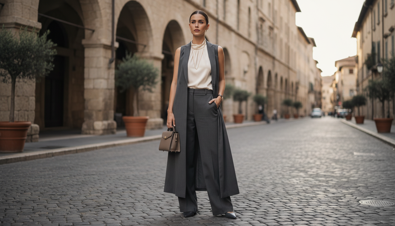 Женщина в брючном костюме, где вместо пиджака используется длинный жилет.