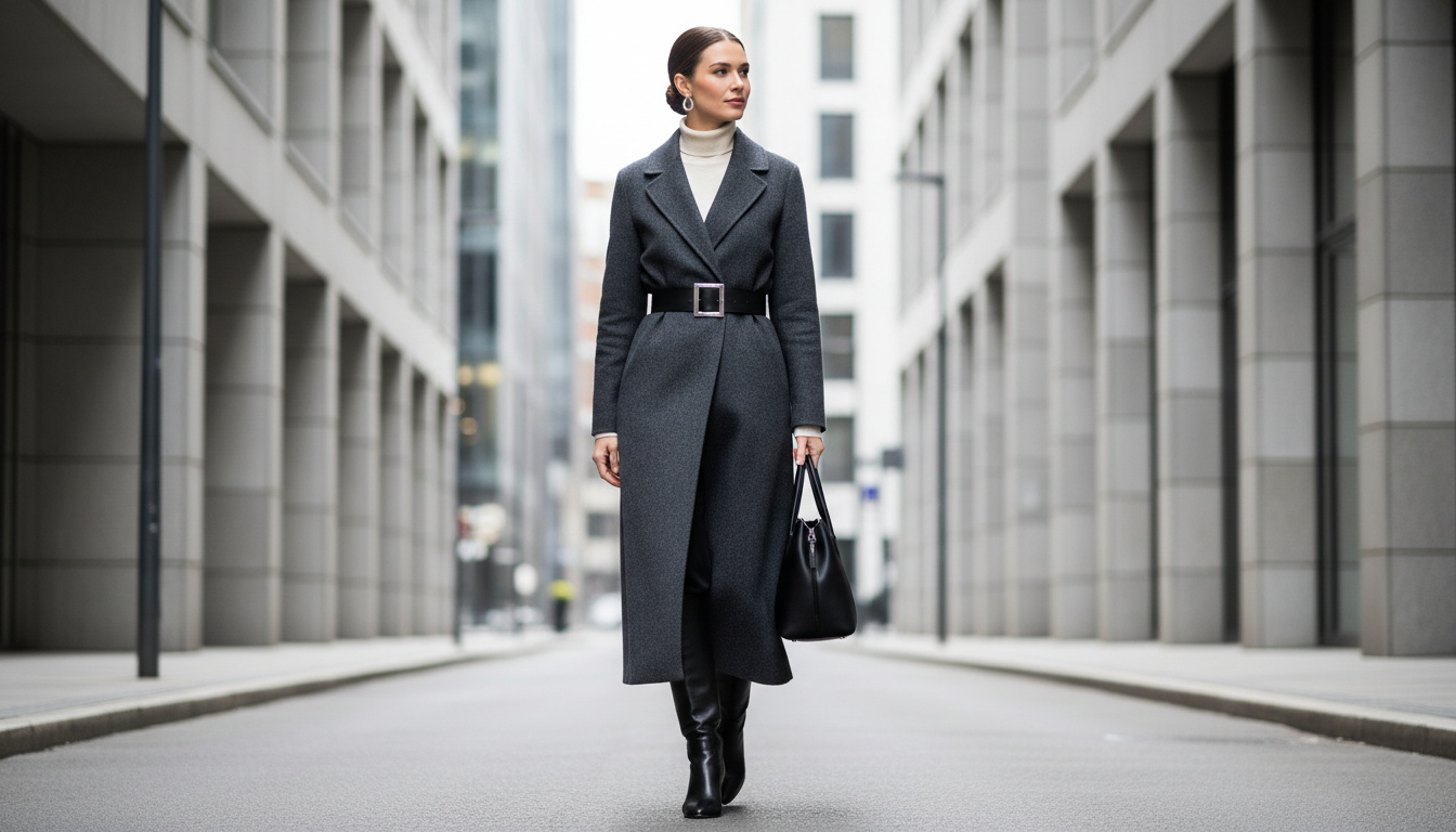 Девушка в длинном сером шерстяном пальто, подпоясанном широким ремнем