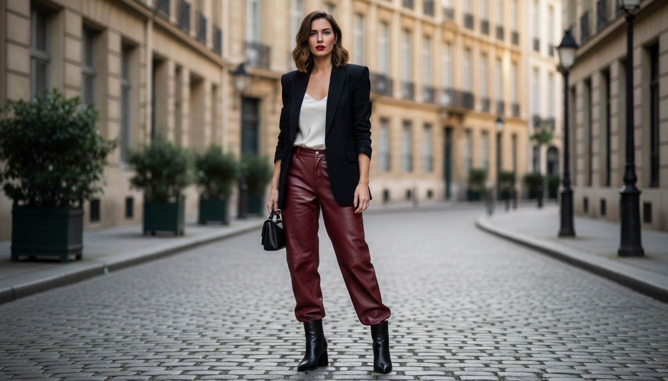 Девушка в широких кожаных брюках цвета Темная вишня и черном пиджаке.