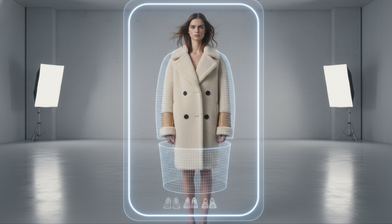 Виртуальная примерочная, где модель примеряет оверсайз пальто из овчины
