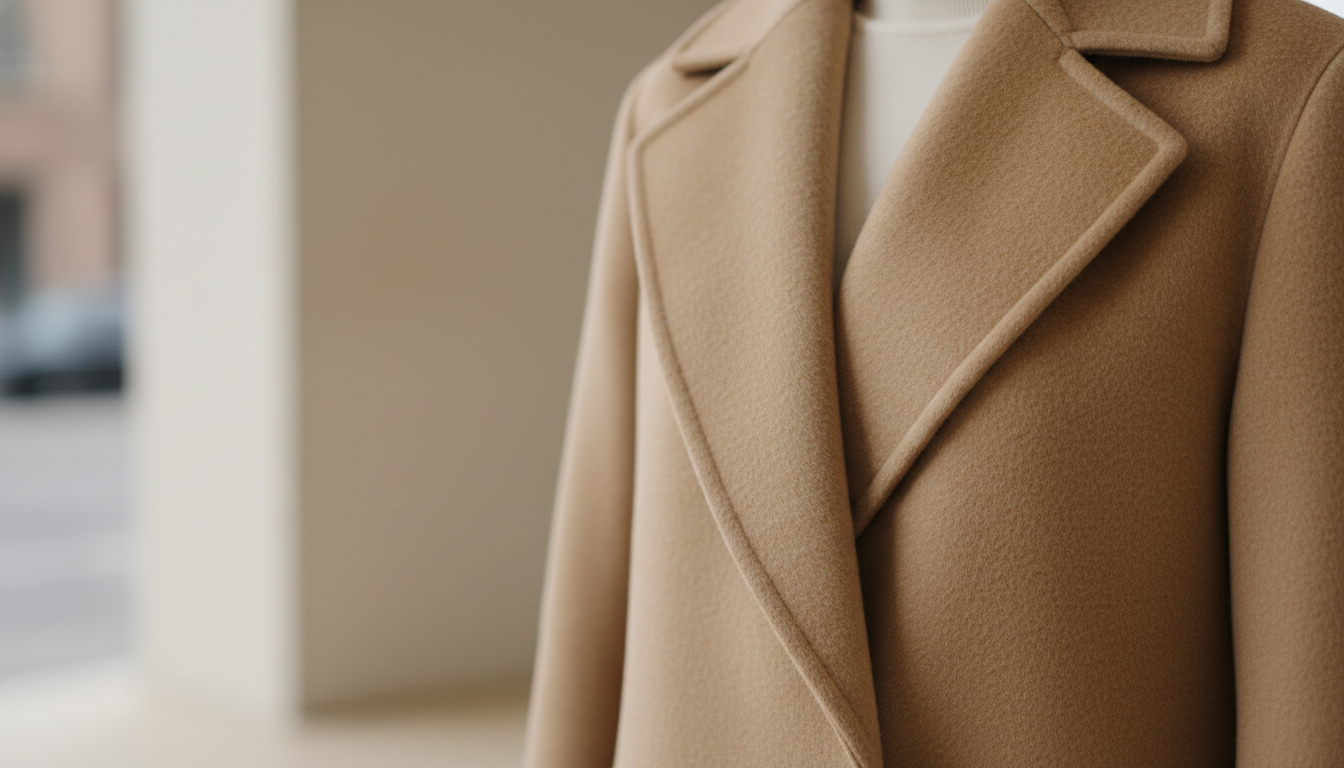Деталь текстуры мягкой верблюжьей шерсти и широкого лацкана пальто