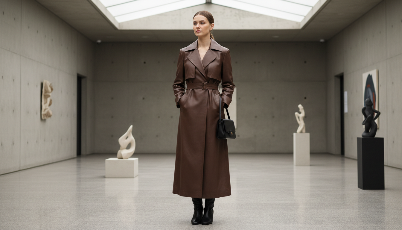 Женщина в длинном матовом кожаном плаще цвета горького шоколада