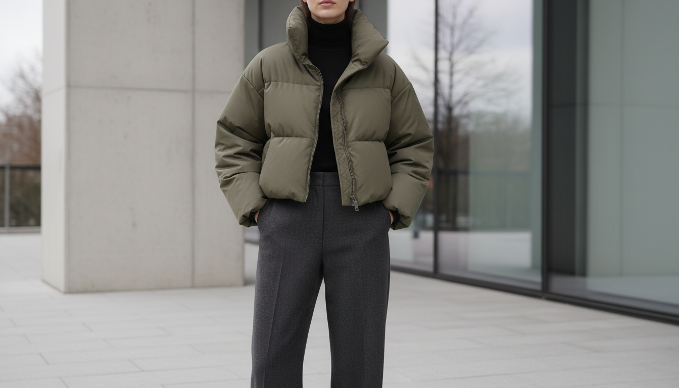 Элегантный укороченный пуховик из матового материала с высоким воротником