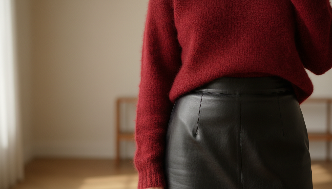 Крупный план вишневого свитера из мохера, скомбинированного с глянцевой кожаной юбкой.