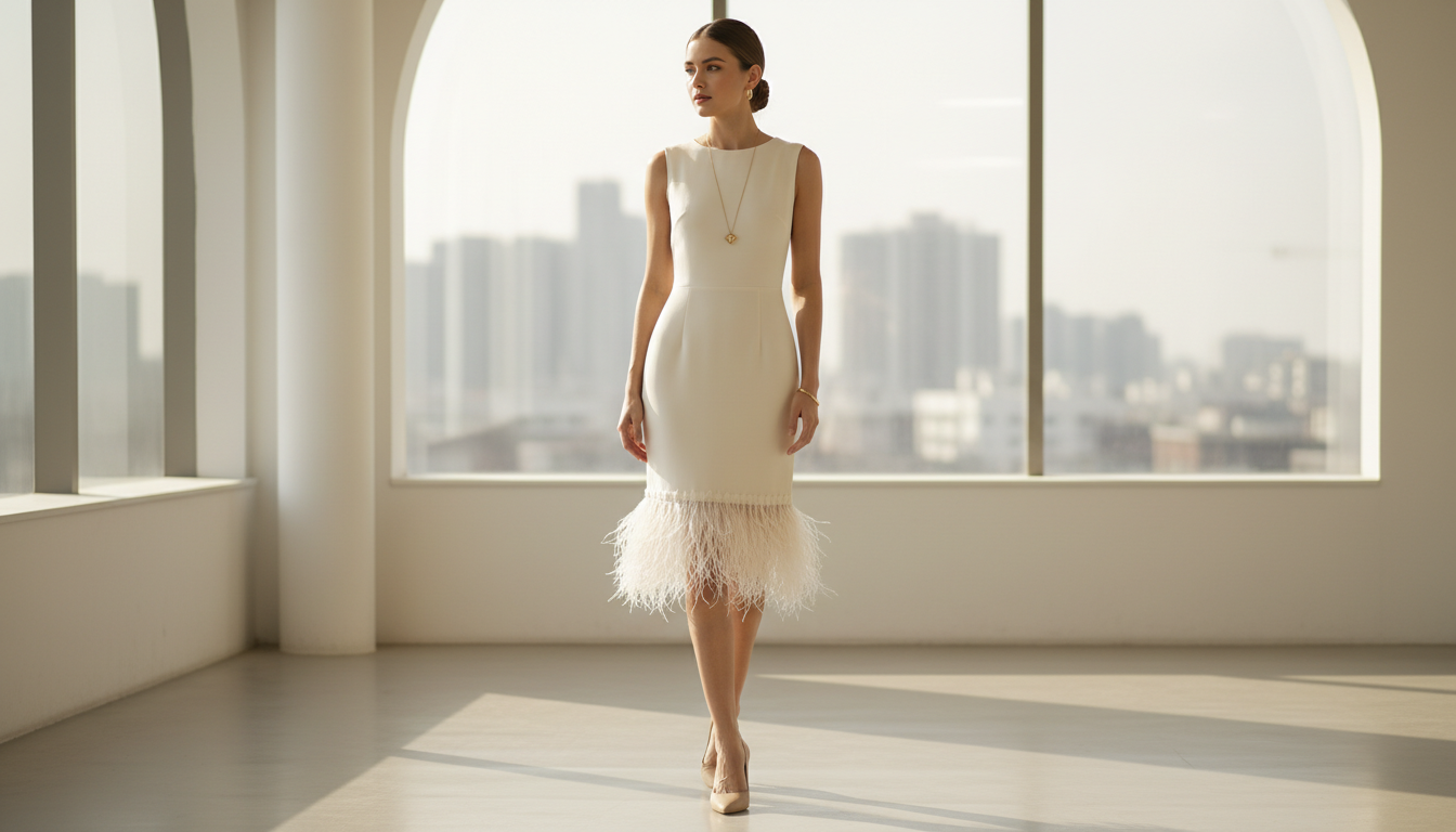 Платье-футляр с отделкой из тонких перьев на подоле, дополненное минималистичными украшениями