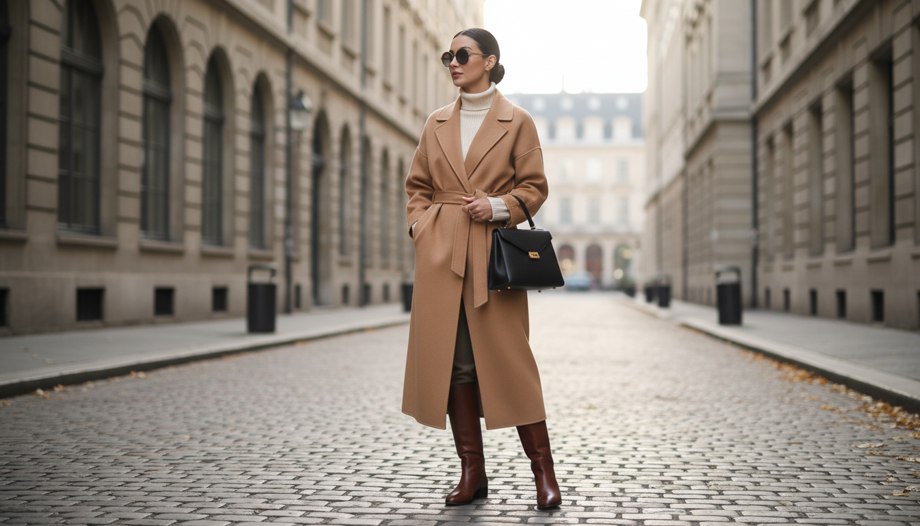 Женщина в высоких коричневых жокейских сапогах и кашемировом пальто