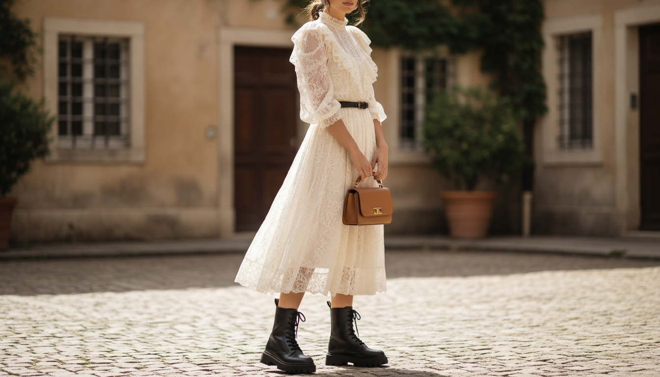 Стилизация ботинок на тракторной подошве с романтичным платьем