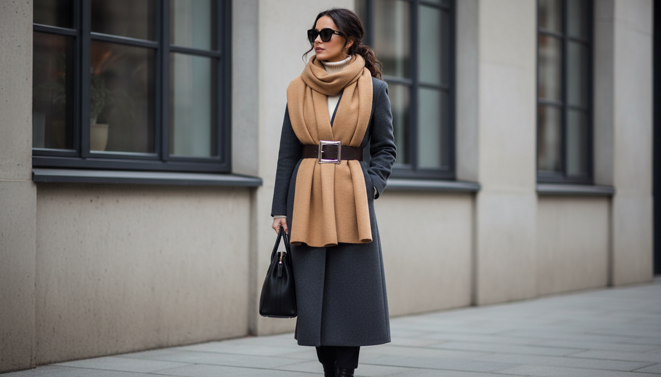 Девушка в пальто, поверх которого шарф закреплен широким кожаным ремнем