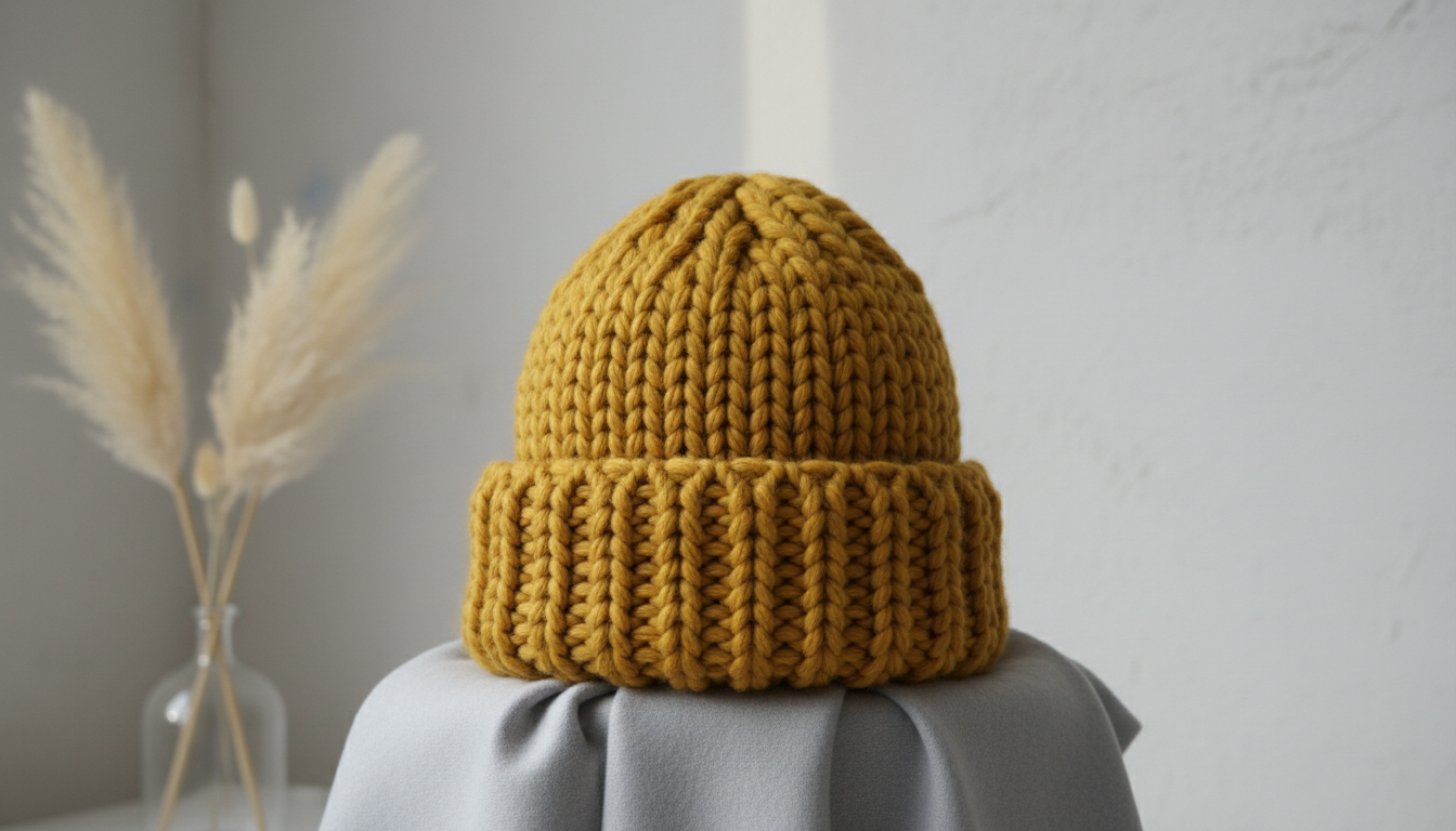 Крупный план шапки-бини крупной вязки в горчичном цвете