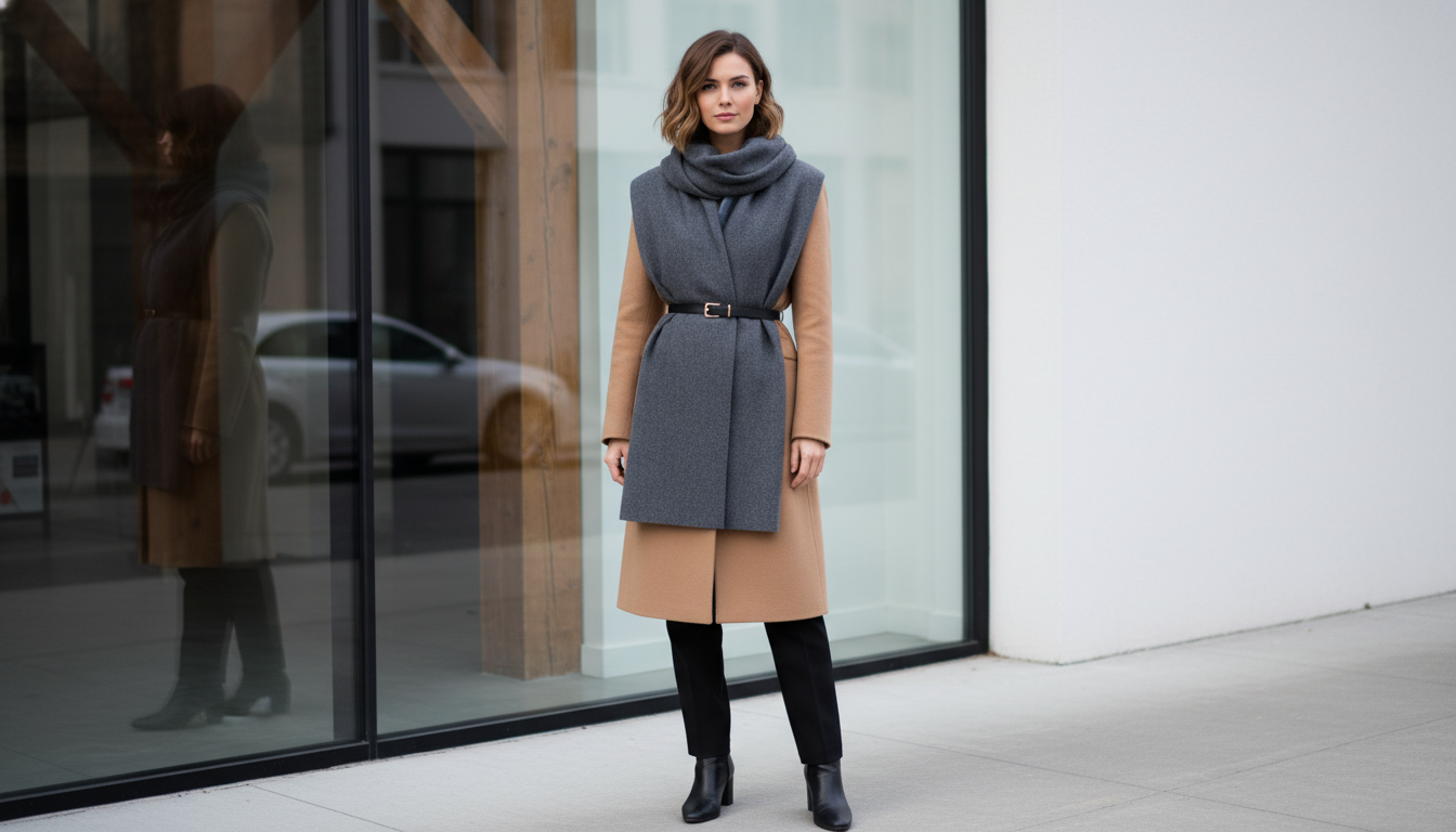 Девушка в пальто, поверх которого накинут широкий шарф и перехвачен тонким ремнем на талии.