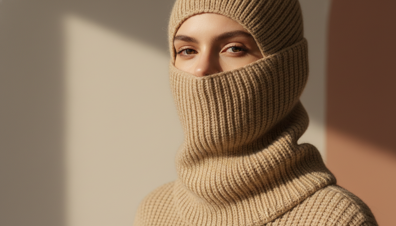 Крупный план стильной вязаной балаклавы песочного цвета.