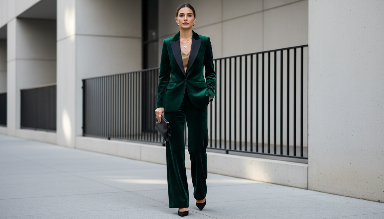 Девушка в брючном костюме из глубокого изумрудного бархата с атласными лацканами.