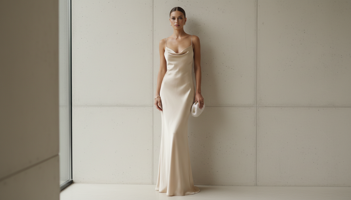 Модель в длинном атласном платье-колонне цвета шампанского.