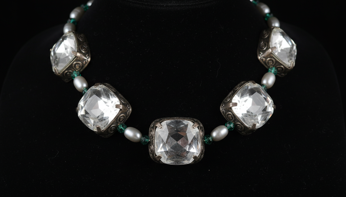 Крупный план винтажного ожерелья с крупными кристаллами на черном фоне.