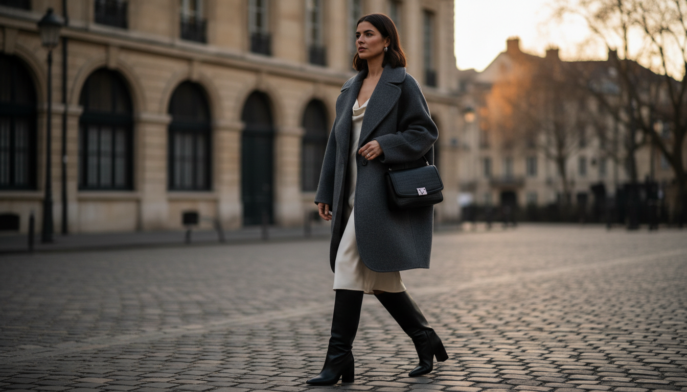 Стильный образ с объемным серым пальто-коконом и высокими сапогами