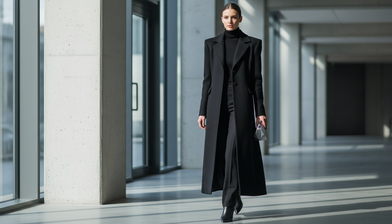 Модель в длинном черном макси-пальто с акцентными плечами