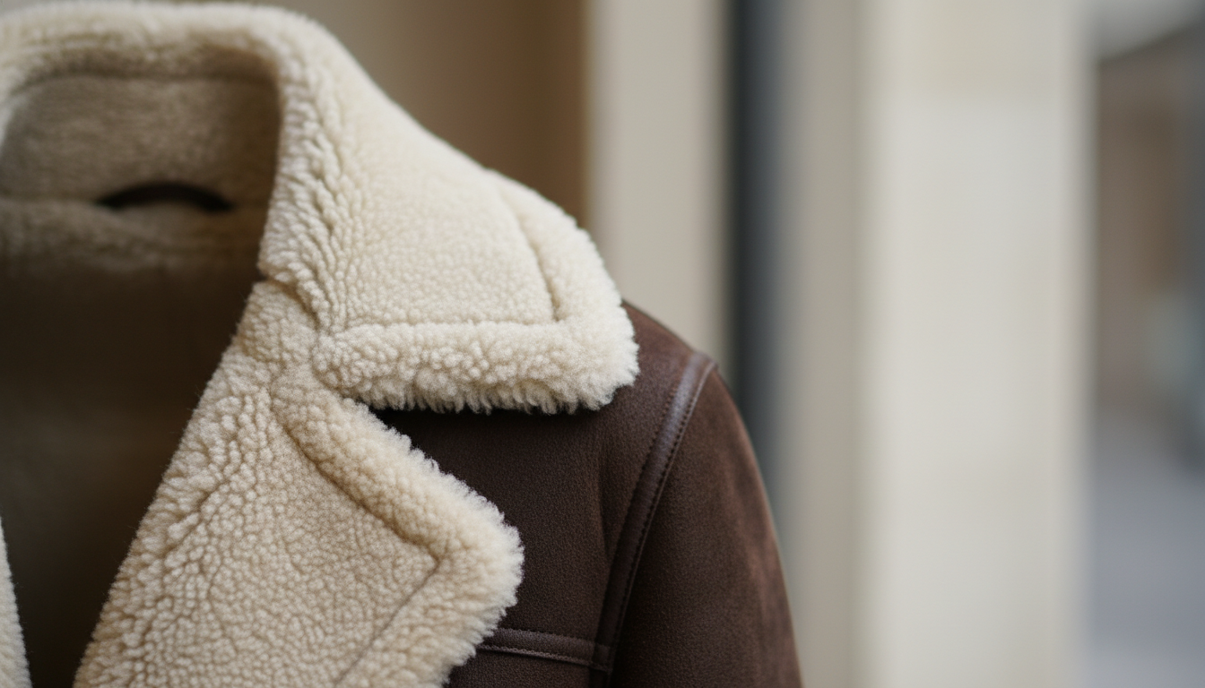 Крупный план воротника дубленки с отделкой shearling