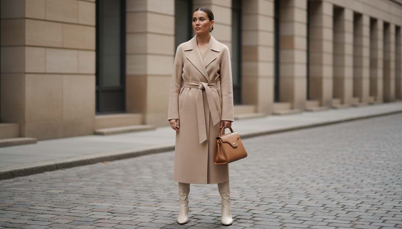 Женщина в бежевом кашемировом пальто с поясом, завязанным на талии