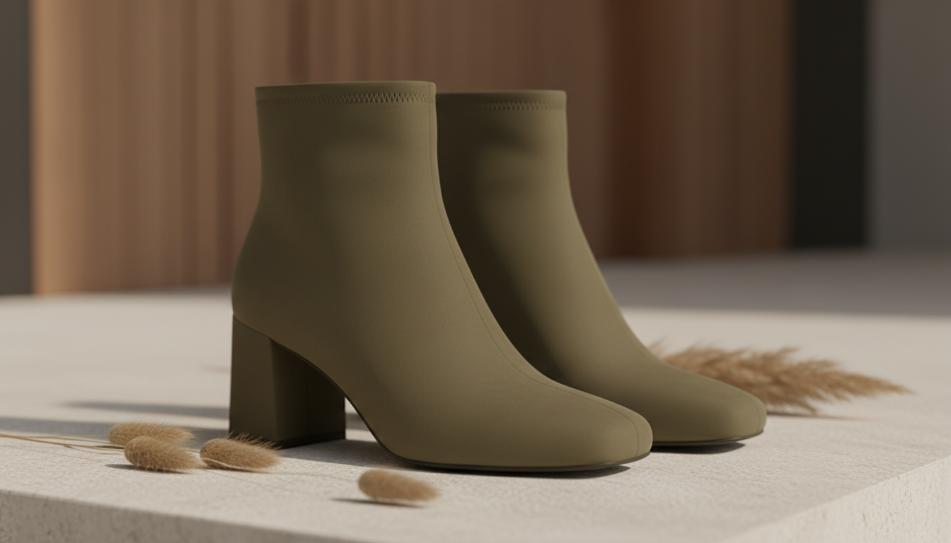 Стилизованное изображение крупным планом ботильонов с мягким квадратным мысом и устойчивым каблуком-блоком, выполненных в цвете хаки.