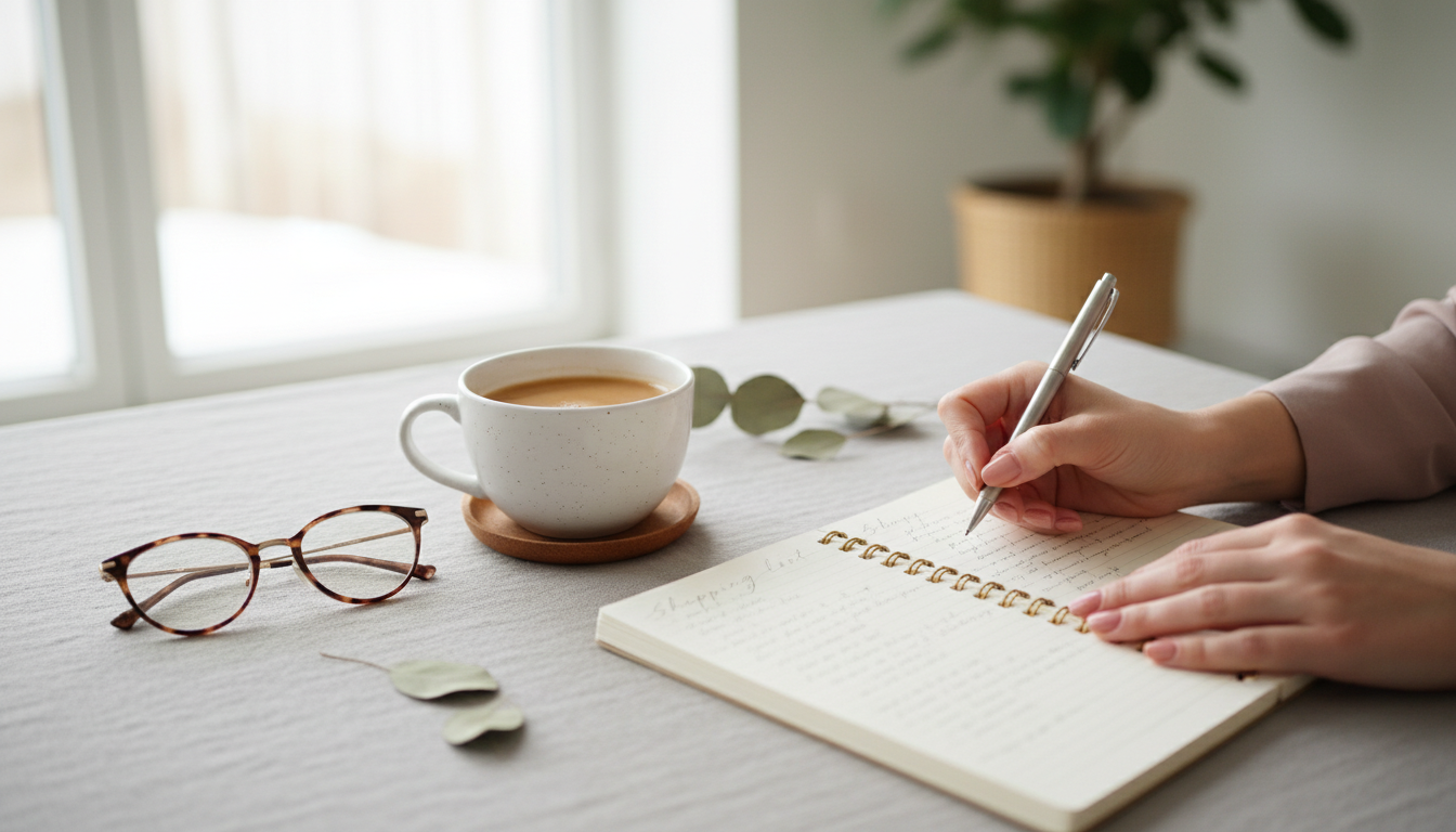 Девушка составляет список покупок в блокноте, рядом лежит чашка кофе и винтажные очки