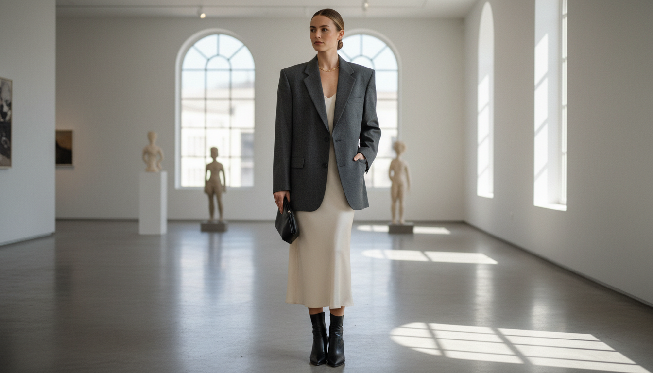 Женщина в винтажном блейзере Jil Sander 90-х годов, демонстрирующая идеальный крой и минималистичный стиль