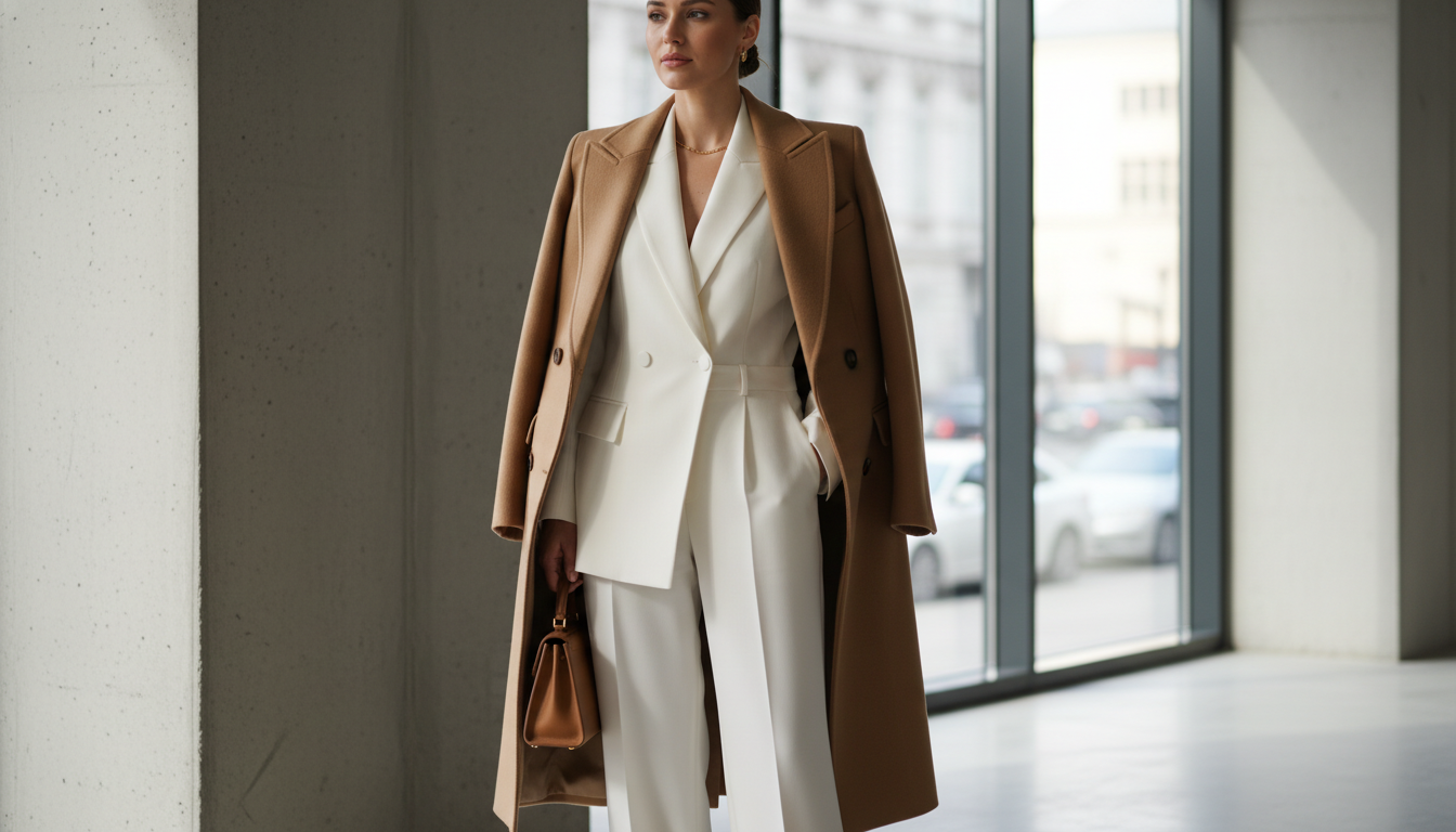 Двубортное пальто с широкими плечами в оттенке кэмел, накинутое на плечи поверх белого брючного костюма.