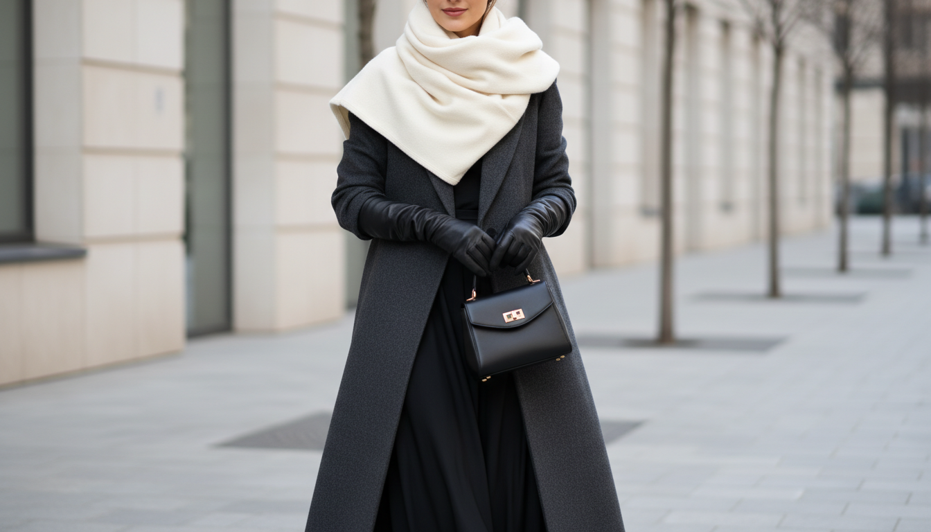Девушка в длинных кожаных перчатках и объемном кашемировом шарфе, демонстрирующая стильный зимний лук.