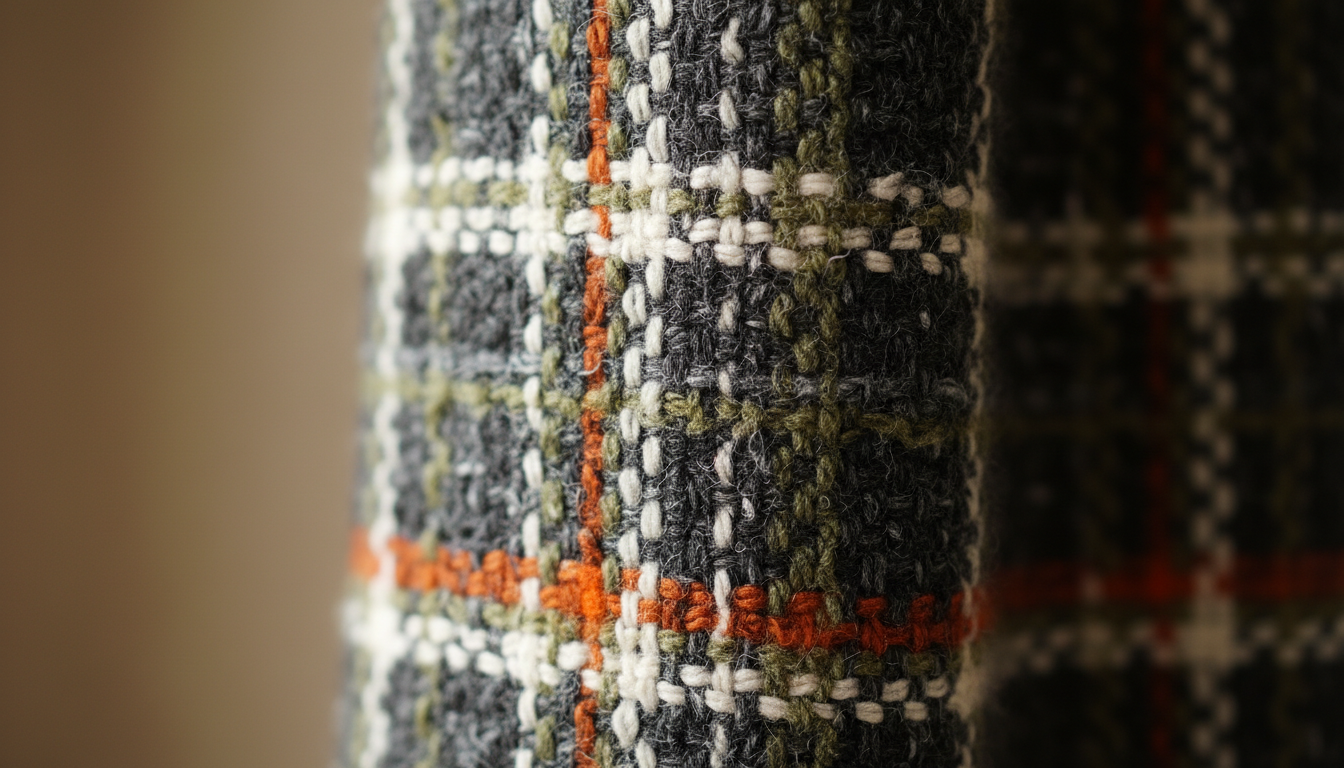 Детальный снимок фактуры ткани - плотной шерсти твидового плетения с контрастными нитями.