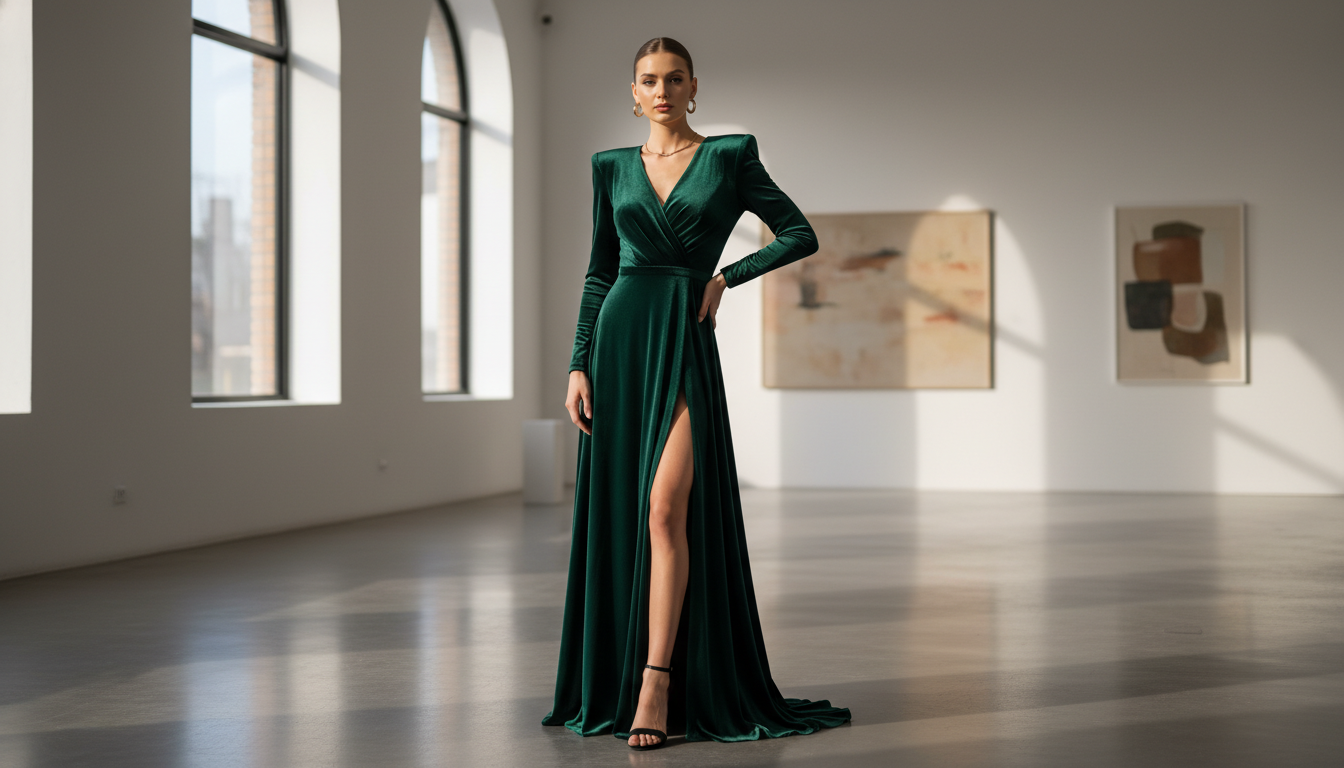 Бархатное платье глубокого изумрудного цвета с архитектурными плечами и высоким разрезом.