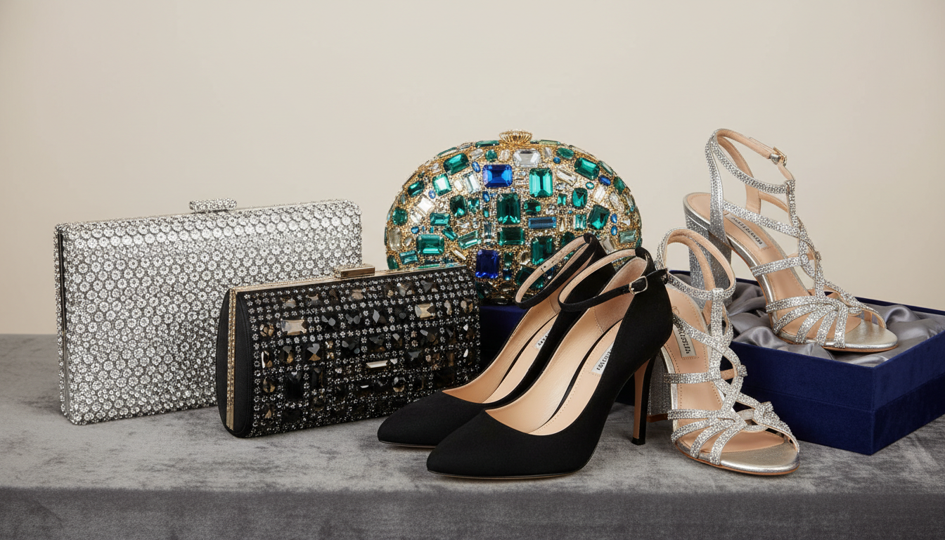 Подборка стильных клатчей, инкрустированных кристаллами, и туфель на высоком каблуке, лежащих рядом с бархатной коробкой.