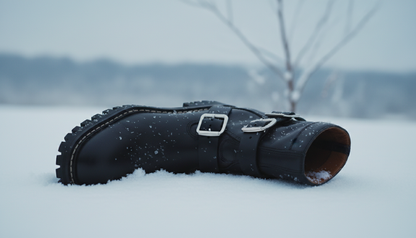 Крупный план байкерских ботинок с металлическими пряжками, лежащих в снегу.