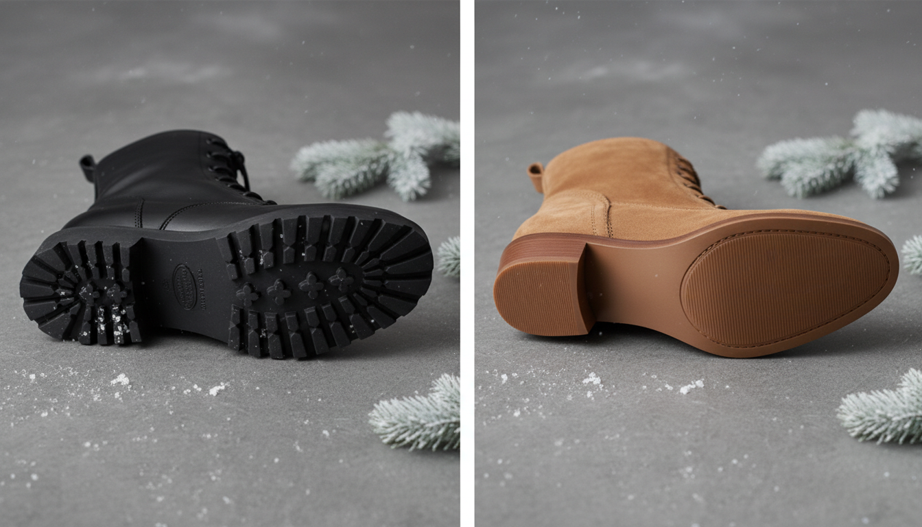Сравнение подошв: тракторная vs. гладкая для зимней обуви.