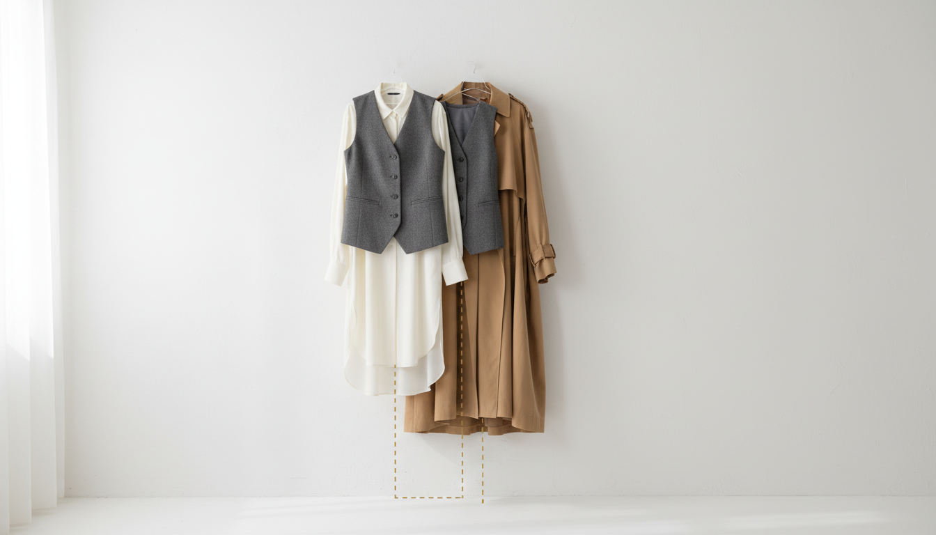 Схематичное изображение, демонстрирующее три разных длины слоев (жилет, рубашка, пальто) для создания динамичного силуэта.