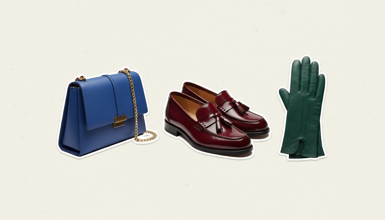 Стилизованный коллаж: Винные лаковые лоферы, сумка цвета "Электрик" и темно-зеленые кожаные перчатки.