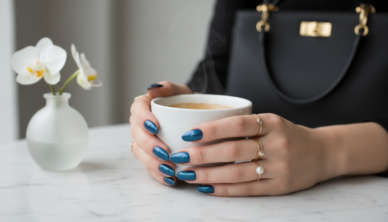 Руки с маникюром в цвете металлический синий, держащие чашку кофе.
