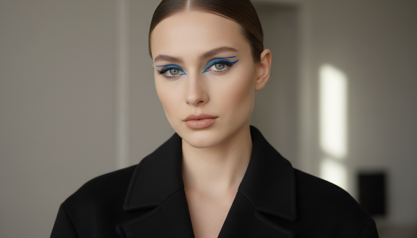 Модель в черном минималистичном пальто, крупно показывающая синие стрелки на глазах.