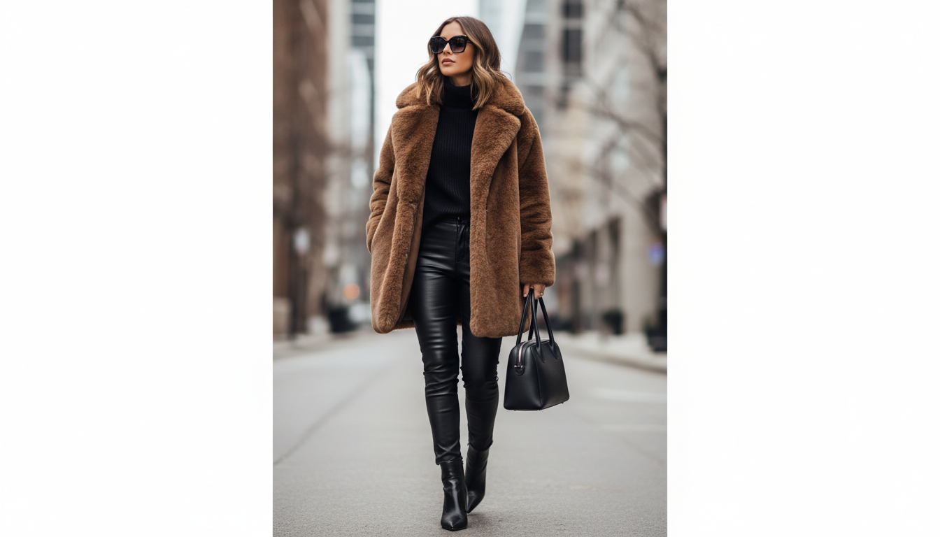 Женщина в плюшевом пальто цвета мокко, надетом поверх полностью черного ансамбля с кожаными брюками.