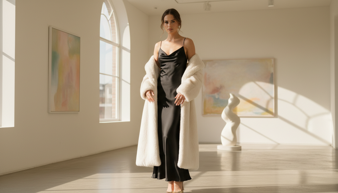 Эффектный образ: белое длинное плюшевое пальто, надетое поверх вечернего платья-комбинации из шелка.