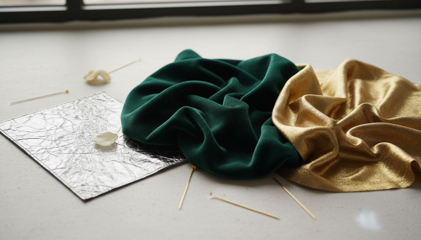 Подборка тканей: образец глубокого бархата изумрудного цвета, кусочек серебряной металлизированной кожи и золотой шелк.