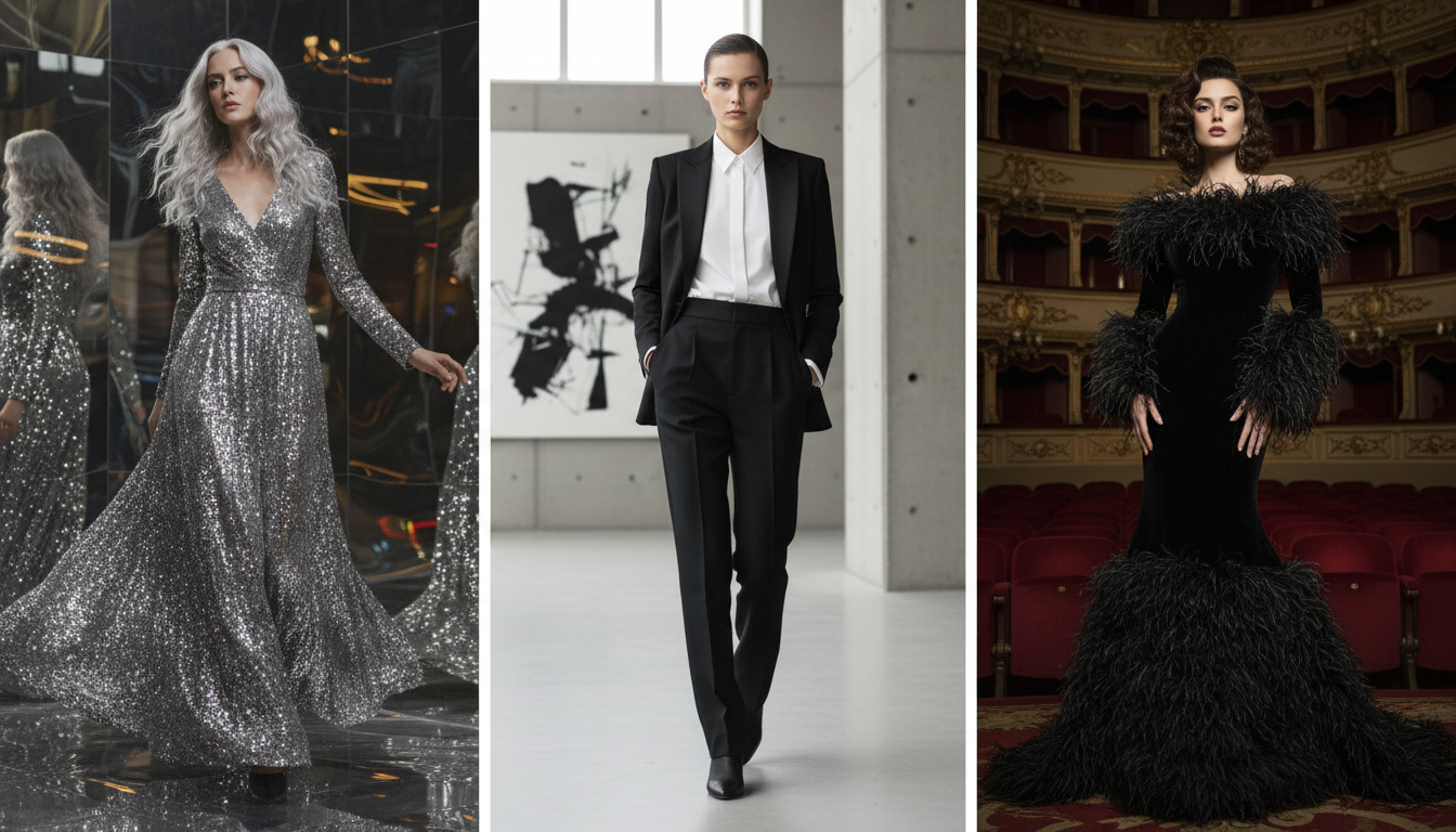 Финальный коллаж, демонстрирующий три разных образа: минималистичный смокинг, серебряное платье и черное бархатное платье с перьями.