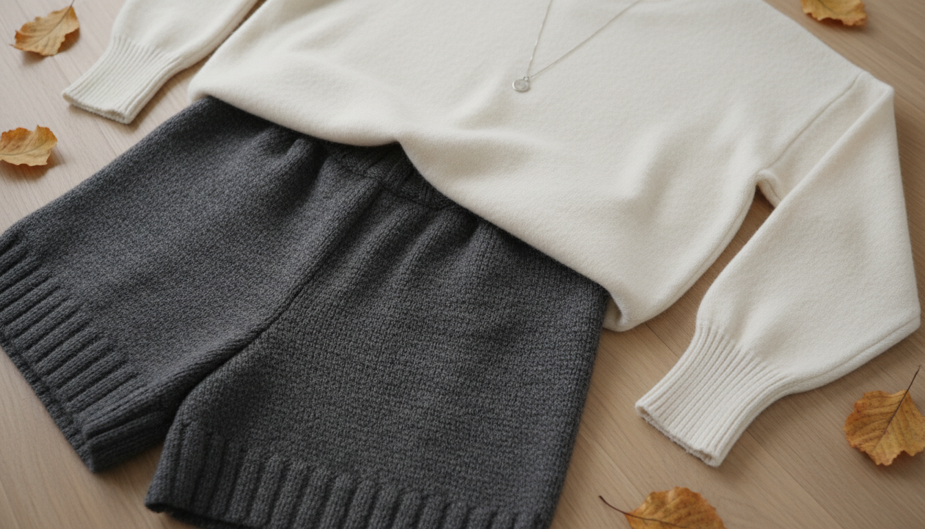 Крупный план текстуры плотных шерстяных капри, сочетающихся с кашемировым свитером оверсайз.