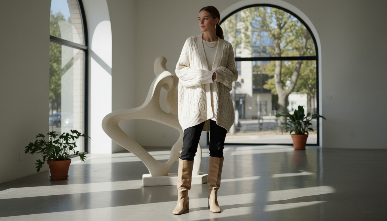 Модель в черных капри, заправленных в высокие бежевые сапоги-трубы с квадратным носом, и объемном трикотажном кардигане.