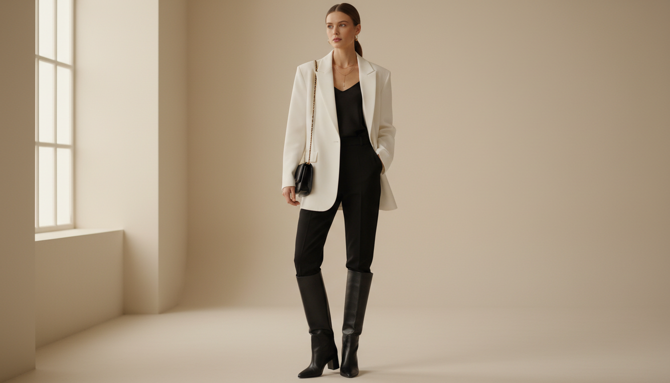 Деловой образ: черные капри, белый блейзер оверсайз, высокие черные сапоги.