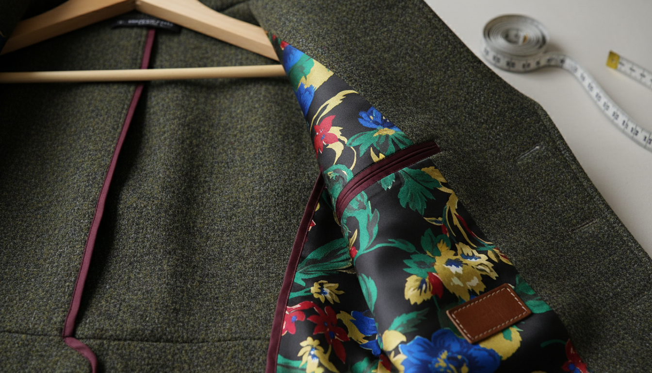 Крупный план: идеальный внутренний шов винтажного пиджака или уникальная, яркая подкладка кастомного пальто.