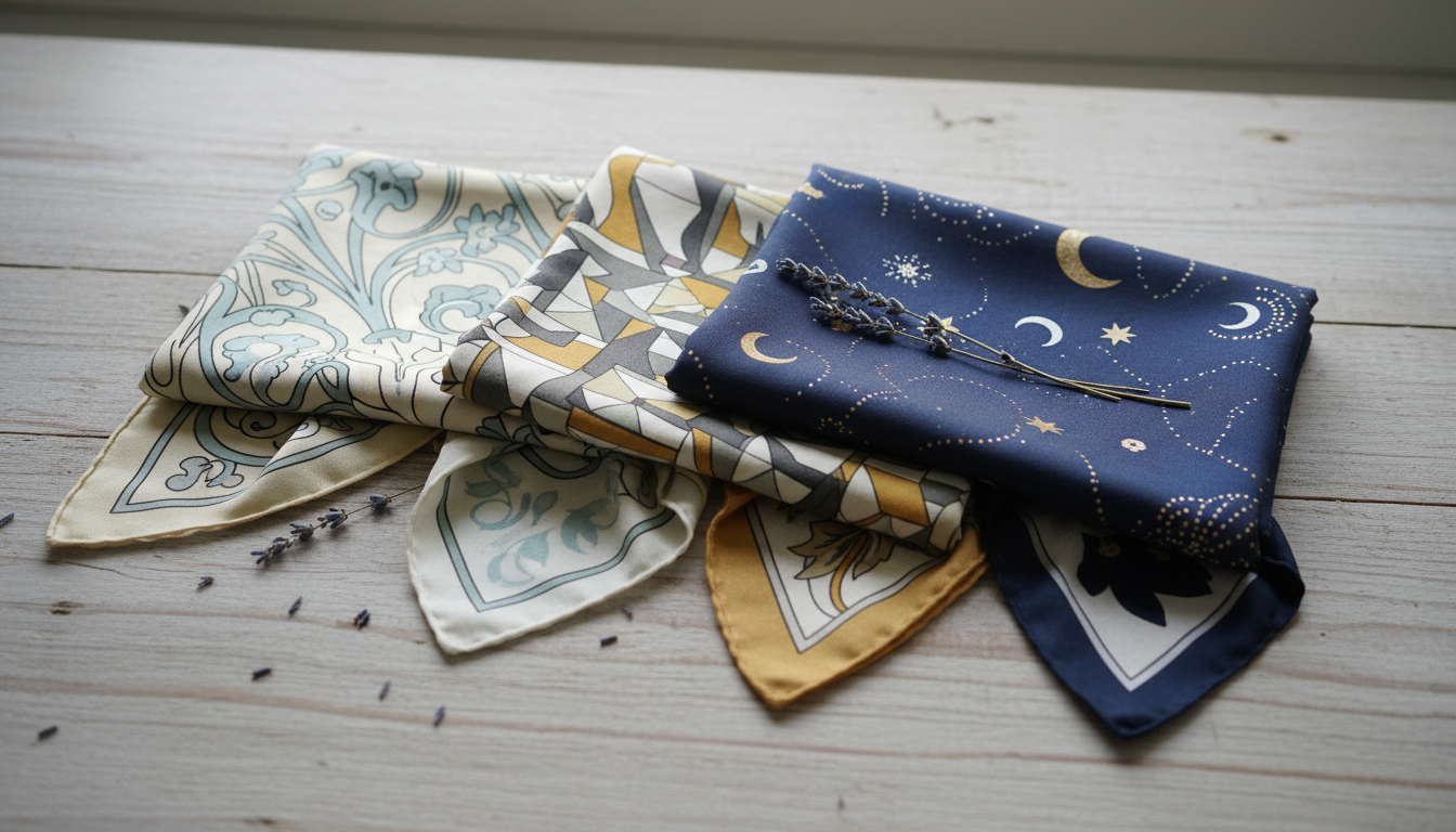 Коллекция винтажных шелковых платков с уникальными, неброскими принтами, сложенная на деревянной поверхности.